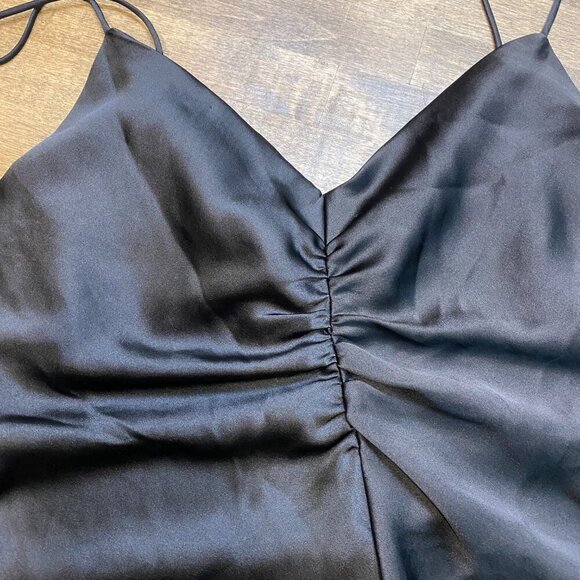 💛Zara Black Satin Ruched Midi Dress with Strappy Sweetheart Neck & Flared Hem - Picture 5 of 5